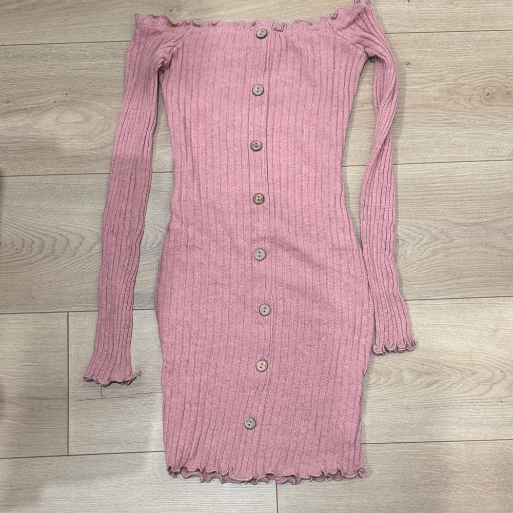 Pink Off-Shoulder Ribbed Button-Down Dress - Picture 1 of 1